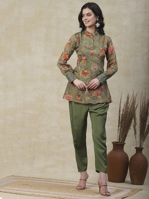 fashor green printed tunic pant set