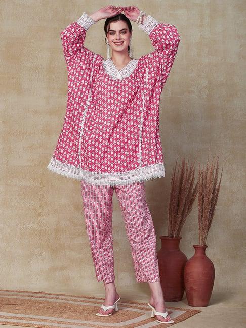 fashor pink cotton printed tunic pant set