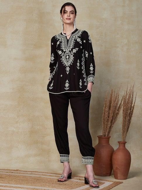 fashor black embroidered tunic pant set