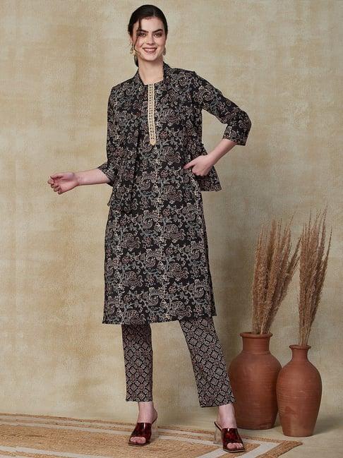 fashor black cotton printed kurta pant set with jacket