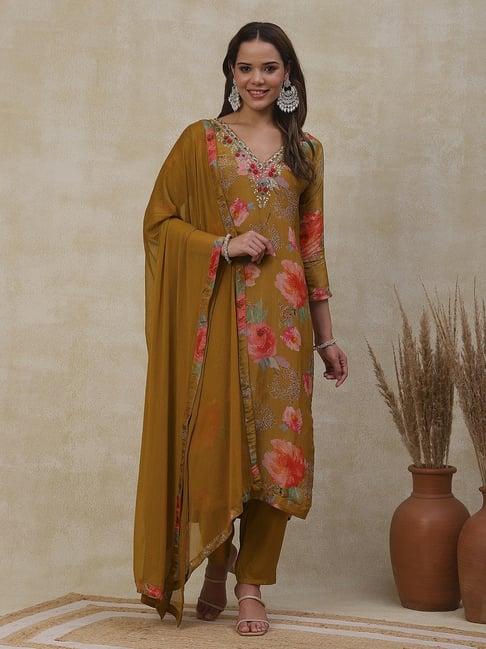 fashor mustard printed kurta pant set with dupatta