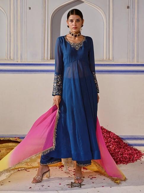 fashor blue embroidered kurta pant set with dupatta