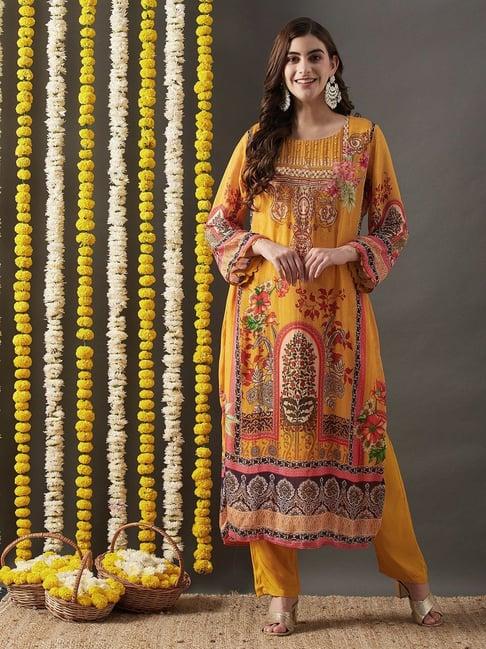 fashor yellow printed kurta pant set with dupatta