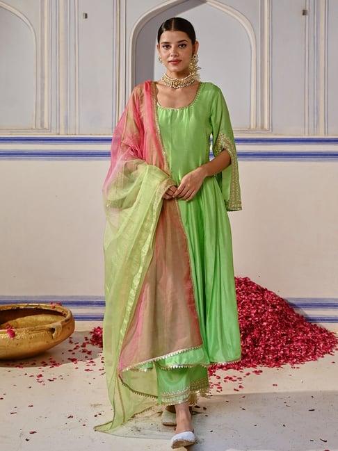 fashor green embellished kurta pant set with dupatta