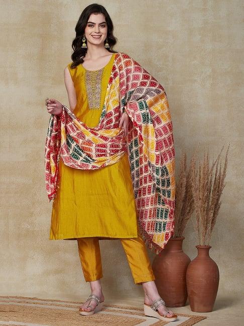 fashor mustard embroidered kurta pant set with dupatta