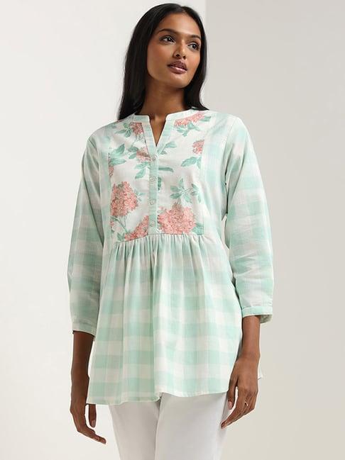 utsa by westside aqua floral printed checked tunic