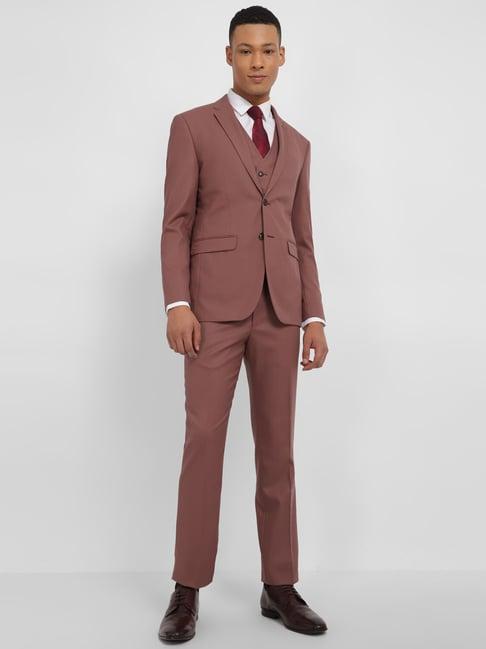 allen solly brown slim fit three piece suit