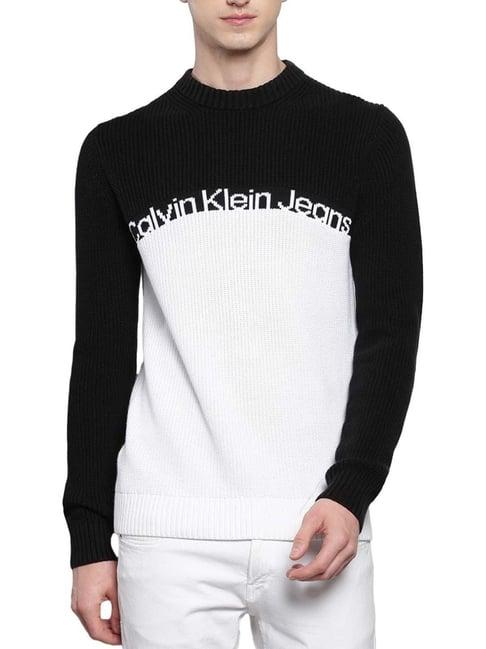 calvin klein bright white & black cotton regular fit colour block sweater