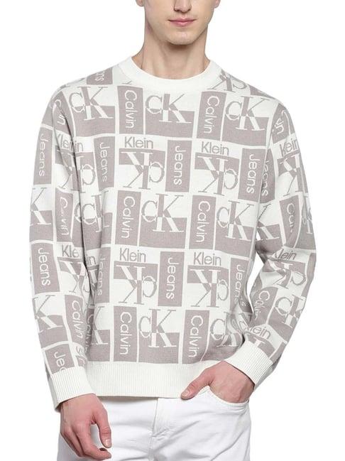 calvin klein ivory relaxed fit logo printed sweater