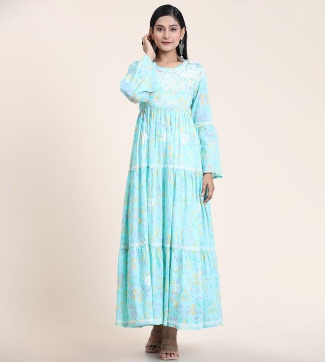 house of kari noor hand embroidered chikankari mul gown for women- light blue