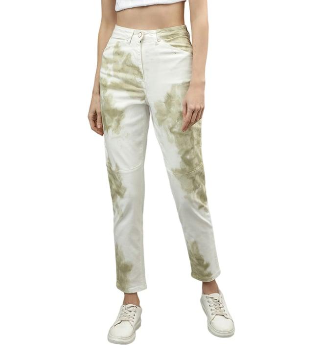 iconic slim straight white abstract print mid rise jeans