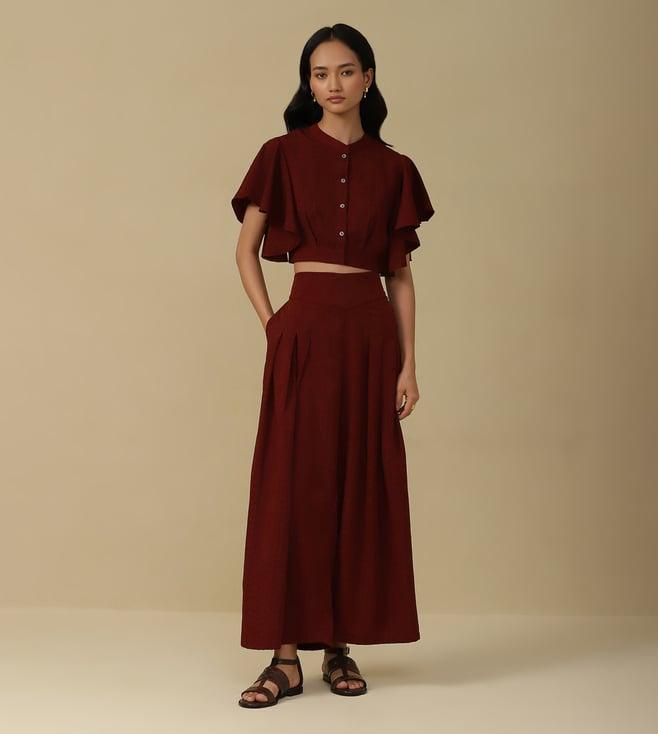 aarke ritu kumar maroon soild shirt with palazzo co-ord set