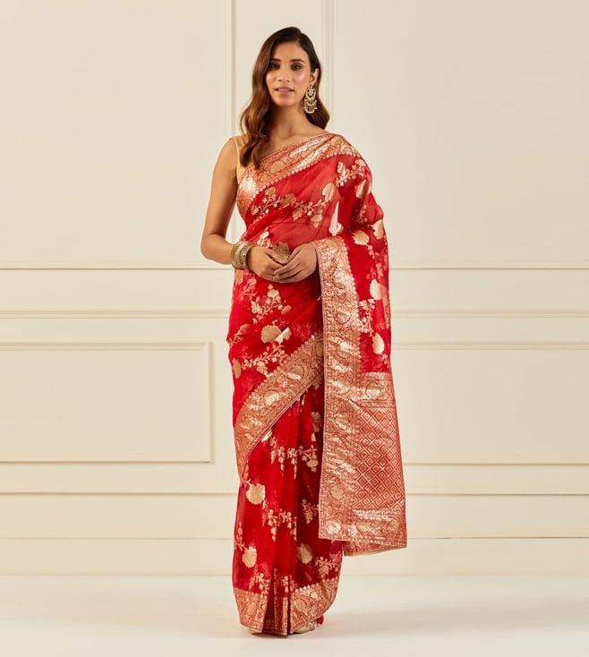 geroo jaipur red handcrafted zari woven organza banarasi saree