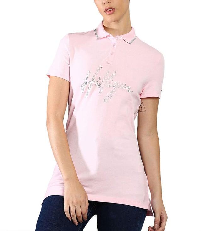 tommy hilfiger pastel pink embellished regular fit polo t-shirt