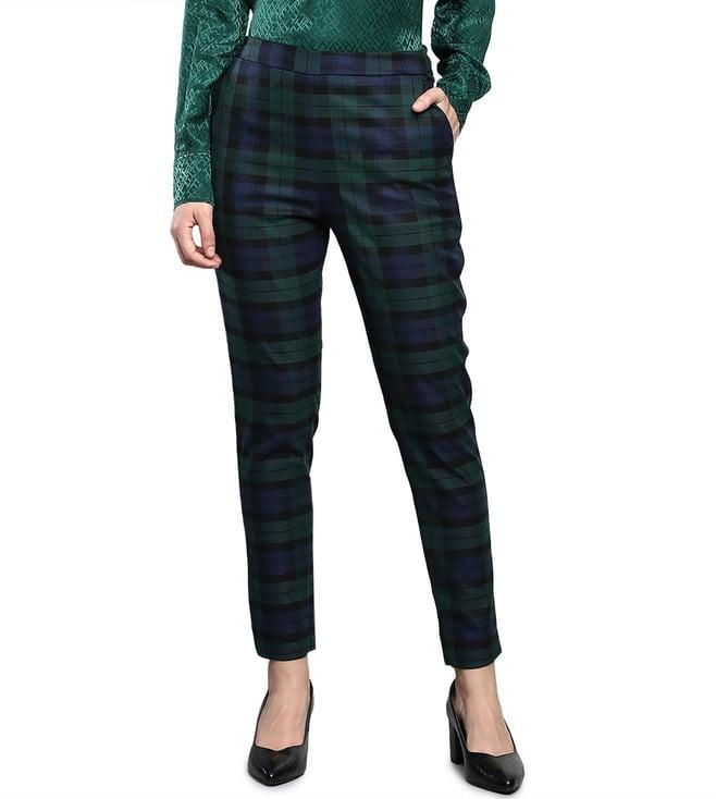 tommy hilfiger green & blue checks slim fit trousers