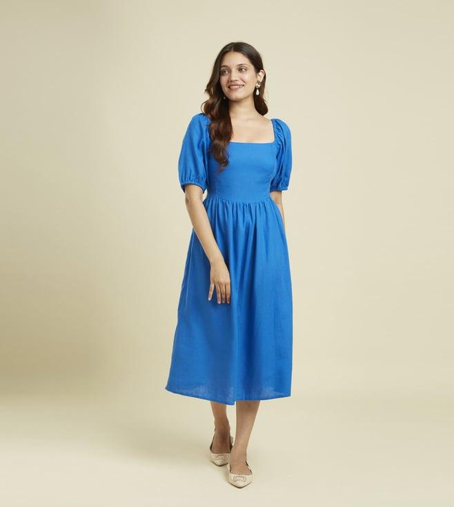 bombay bloom cobalt blue linen dress