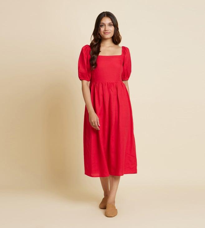 bombay bloom red linen dress