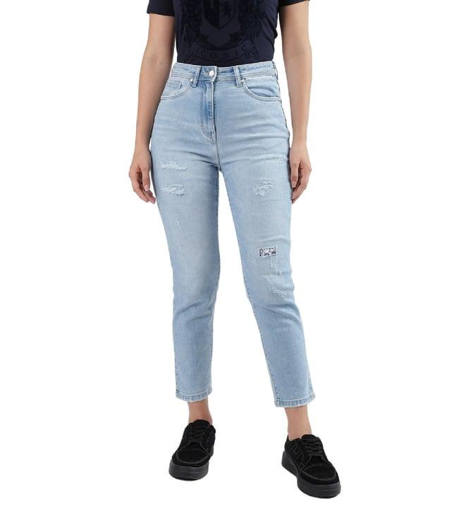 iconic slim straight fit blue lightly washed mid rise jeans