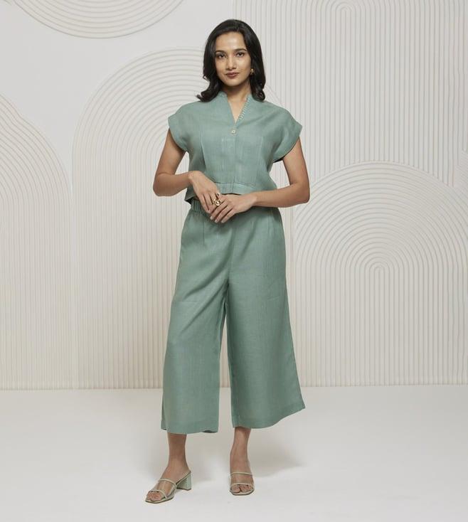 artagai nilgiri green linen co-ord set with culotte and round neck band collar top