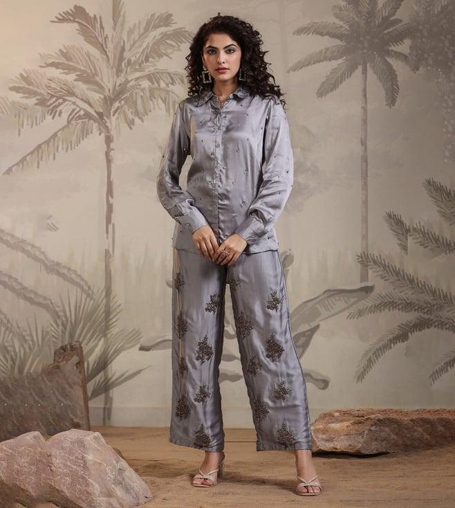 scakhi grey satin embellished top with pant co-ord set