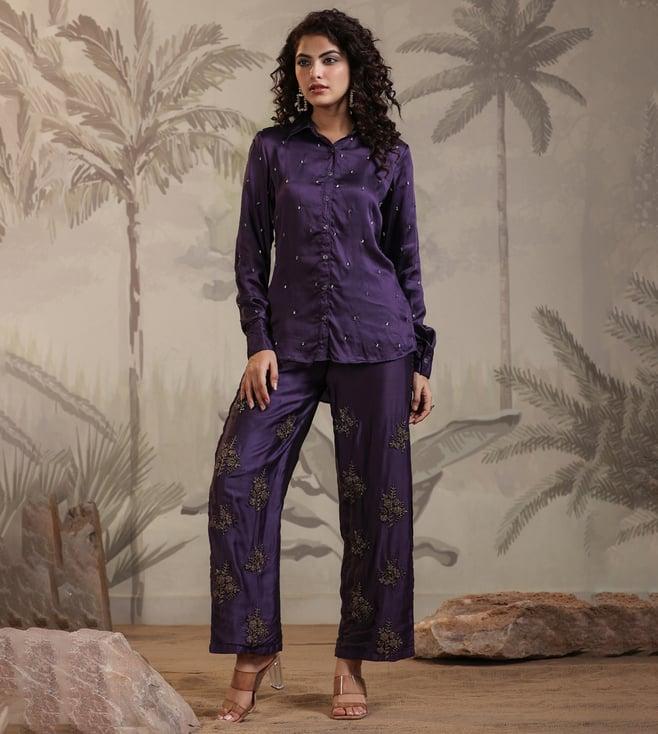 scakhi violet satin embellished top with pant co-ord set