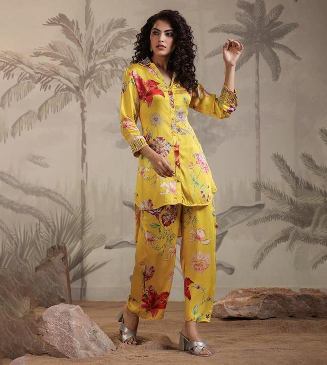 scakhi yellow satin floral print embellished top with pant co-ord set