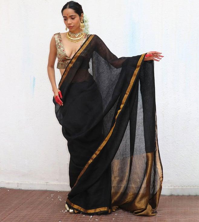 chidiyaa black chandni raatein labanya handwoven linen zari saree