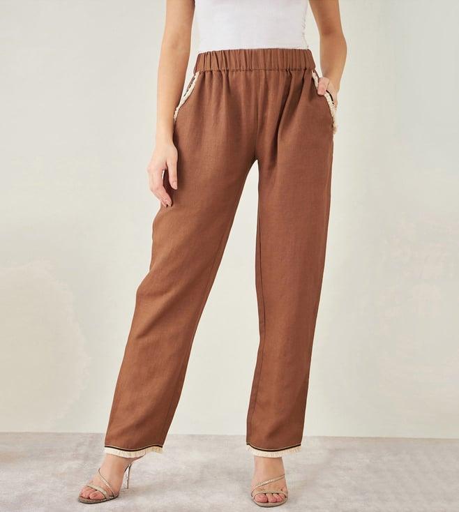 first resort by ramola bachchan brown linen pants with lace detail