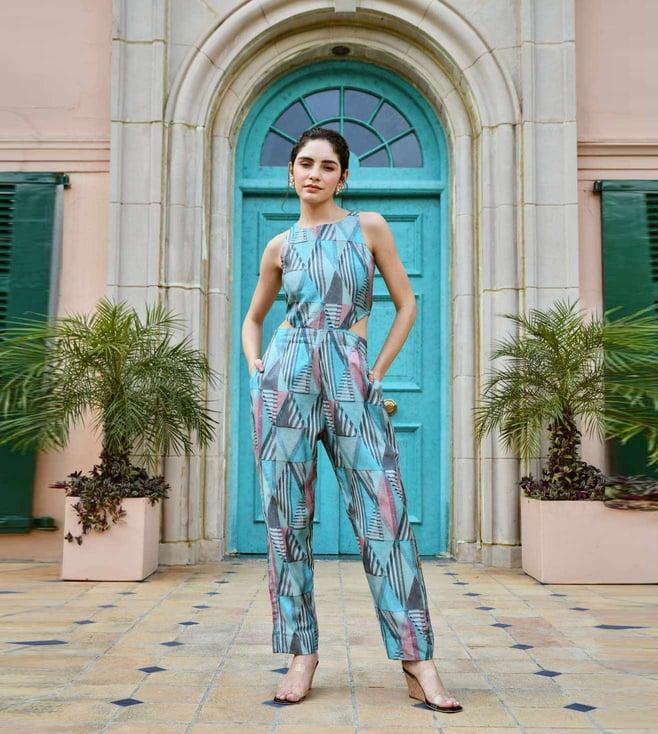 karaj jaipur blue abstract print jumpsuit