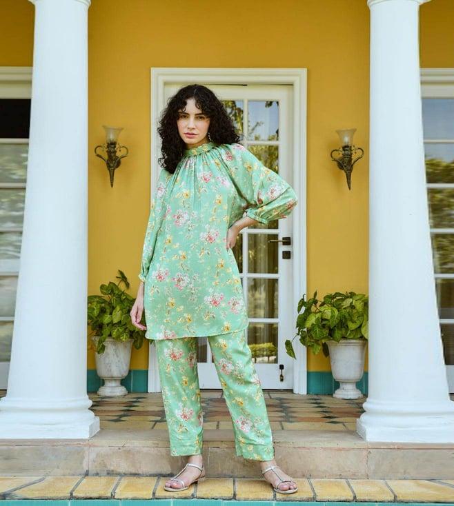 karaj jaipur ocean green daisy gathered turtle neck tunic with pant co-ord set