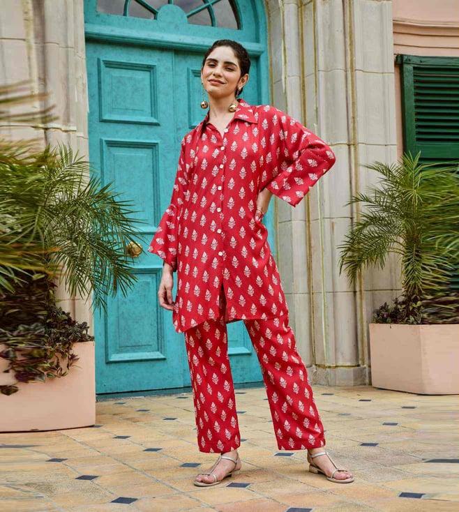 karaj jaipur red kimono muslin tunic with pant co-ord set