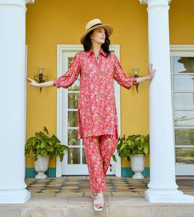 karaj jaipur red floral tunic with pant co-ord set