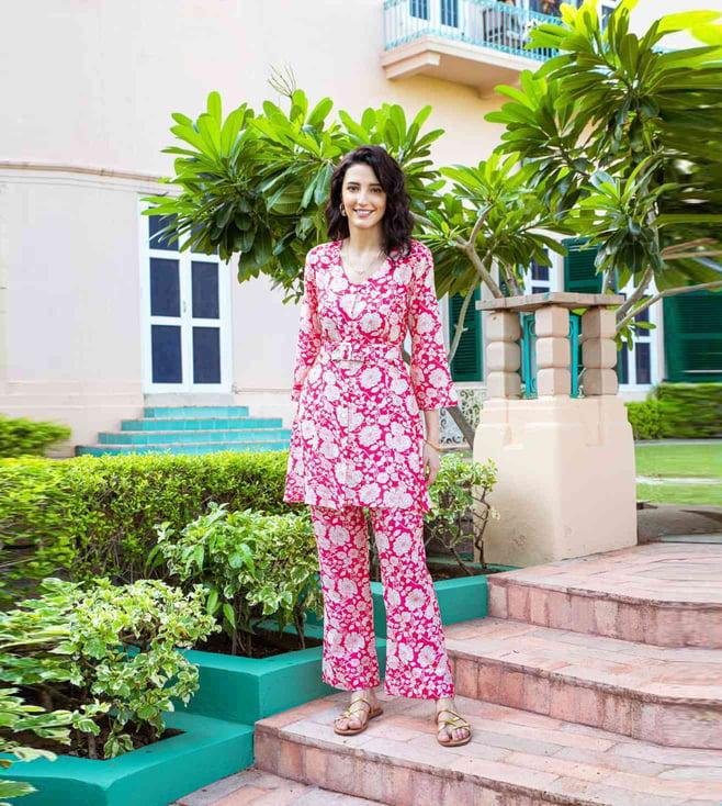 karaj jaipur pink floral tunic with pant co-ord set