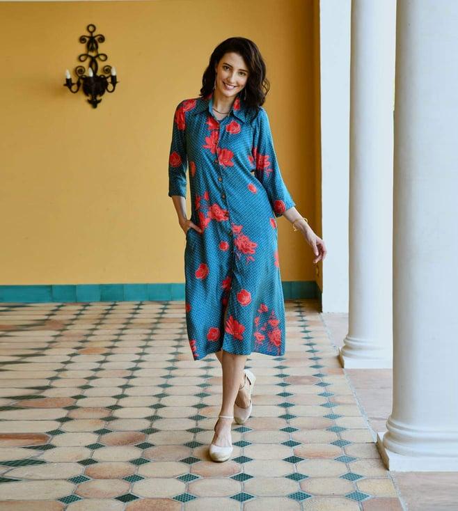 karaj jaipur blue printed long aline shirt dress