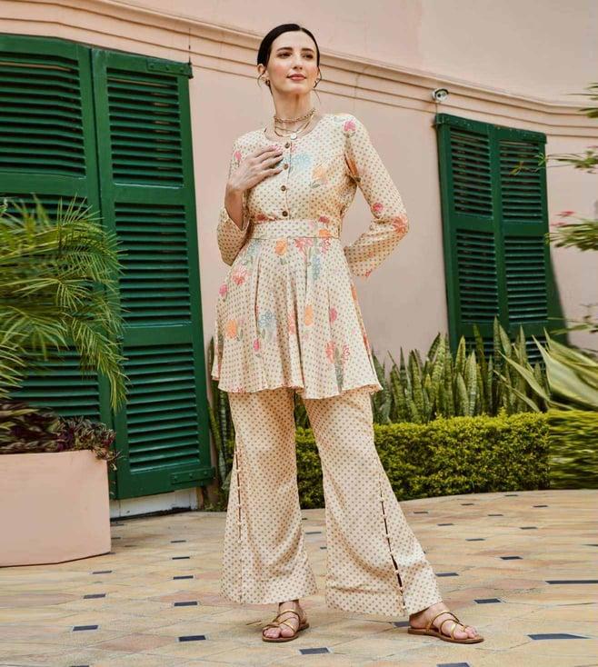 karaj jaipur cream floral tunic with pant co-ord set