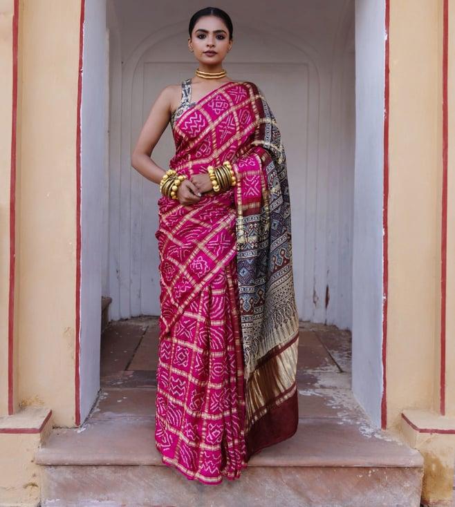 geroo jaipur pink pure bandhani gharchola zari silk saree with ajrakh pallu