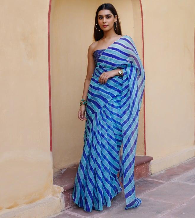 geroo jaipur blue & turquoise blue organza hand-dyed leheriya saree