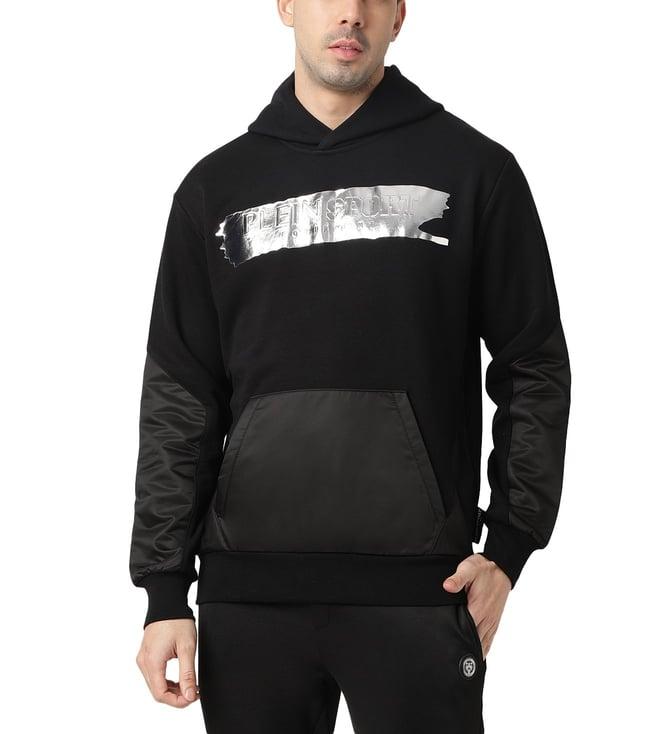 plein sport black silver brush logo regular fit hoodie