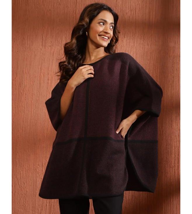 fabindia burgundy wool blend woven poncho