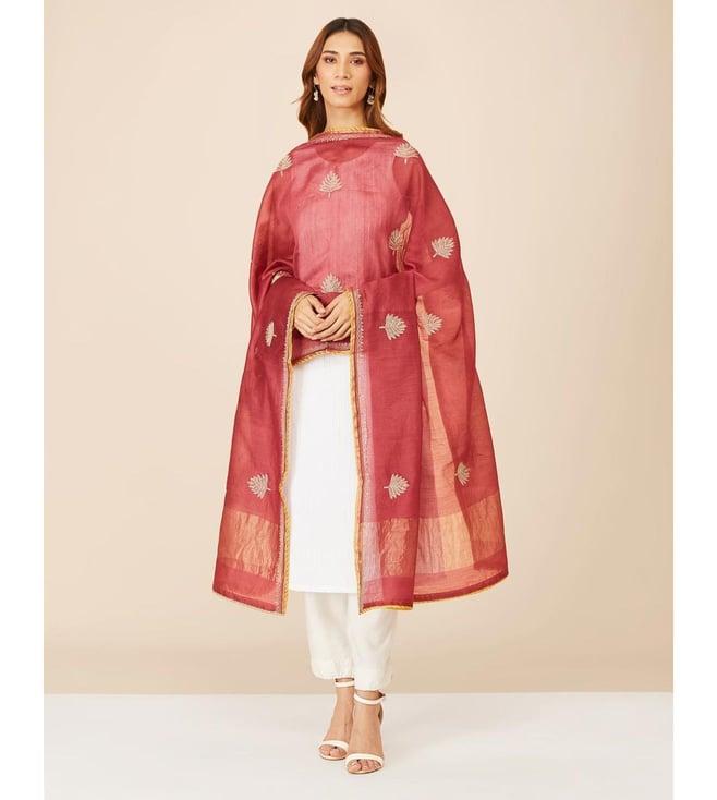 fabindia pink cotton silk blend embroidered dupatta