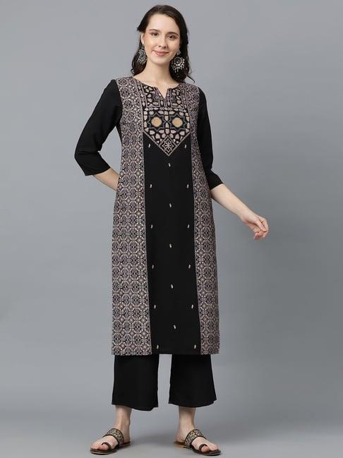 ziyaa black geometric print kurta & palazzo set