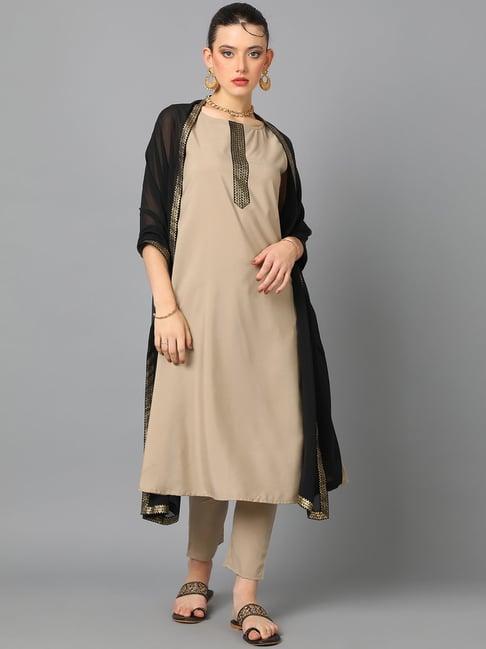 ziyaa beige printed kurta with pant & dupatta