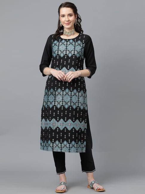 ziyaa black printed kurta pant set