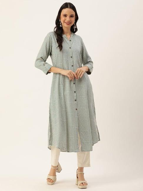 amukti white & green printed a line kurta