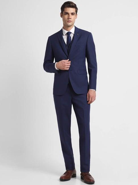 allen solly navy slim fit texture three piece suit