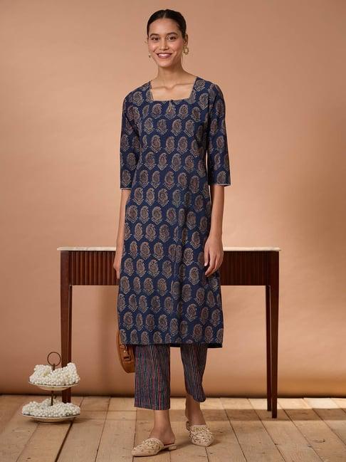 okhai blue printed pure cotton kurta pant set