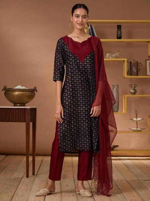 okhai black & maroon printed kurta with pant & dupatta