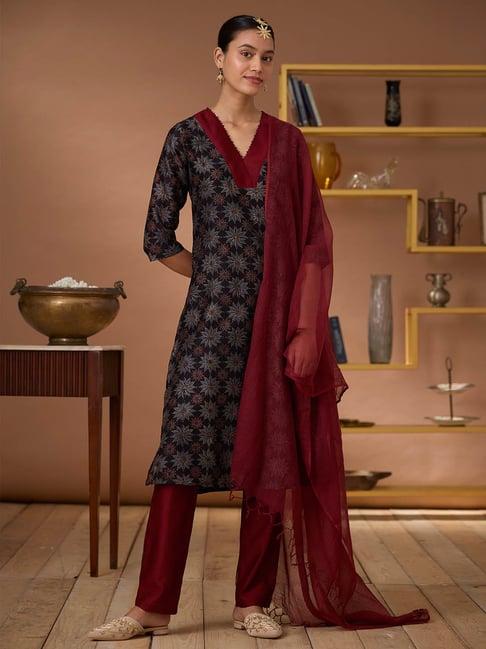 okhai black & maroon printed kurta with pant & dupatta