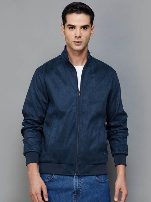 code by lifestyle navy regular fit self pattern jacket