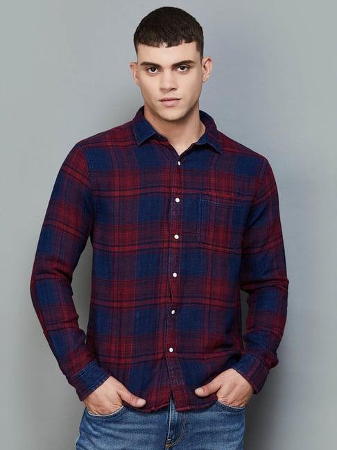 forca by lifestyle navy cotton regular fit checks shirt